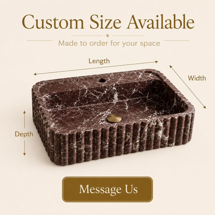 A rectangular dark brown marble-look sink with a ribbed exterior and a small round drain, shown on a beige background with text indicating available custom sizes and arrows marking length, width, and depth.
