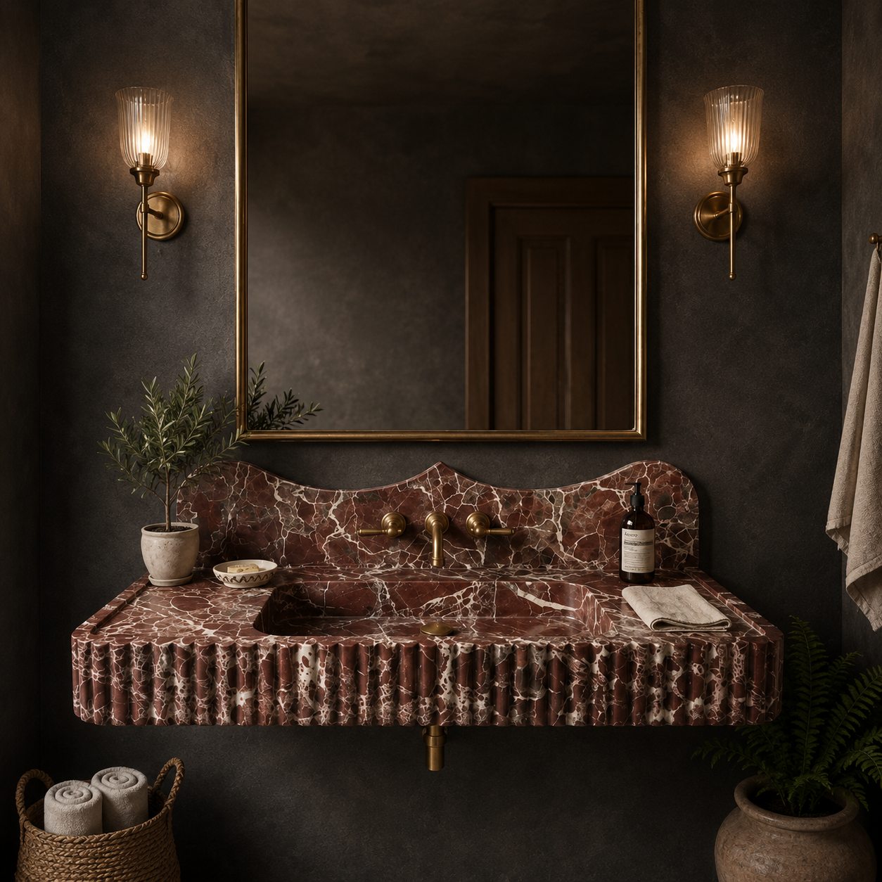 A wall-mounted sink vanity in a dark bathroom setting, featuring a ribbed terracotta-red marble countertop and matching marble backsplash, with a large gold-framed mirror and two lit wall sconces.