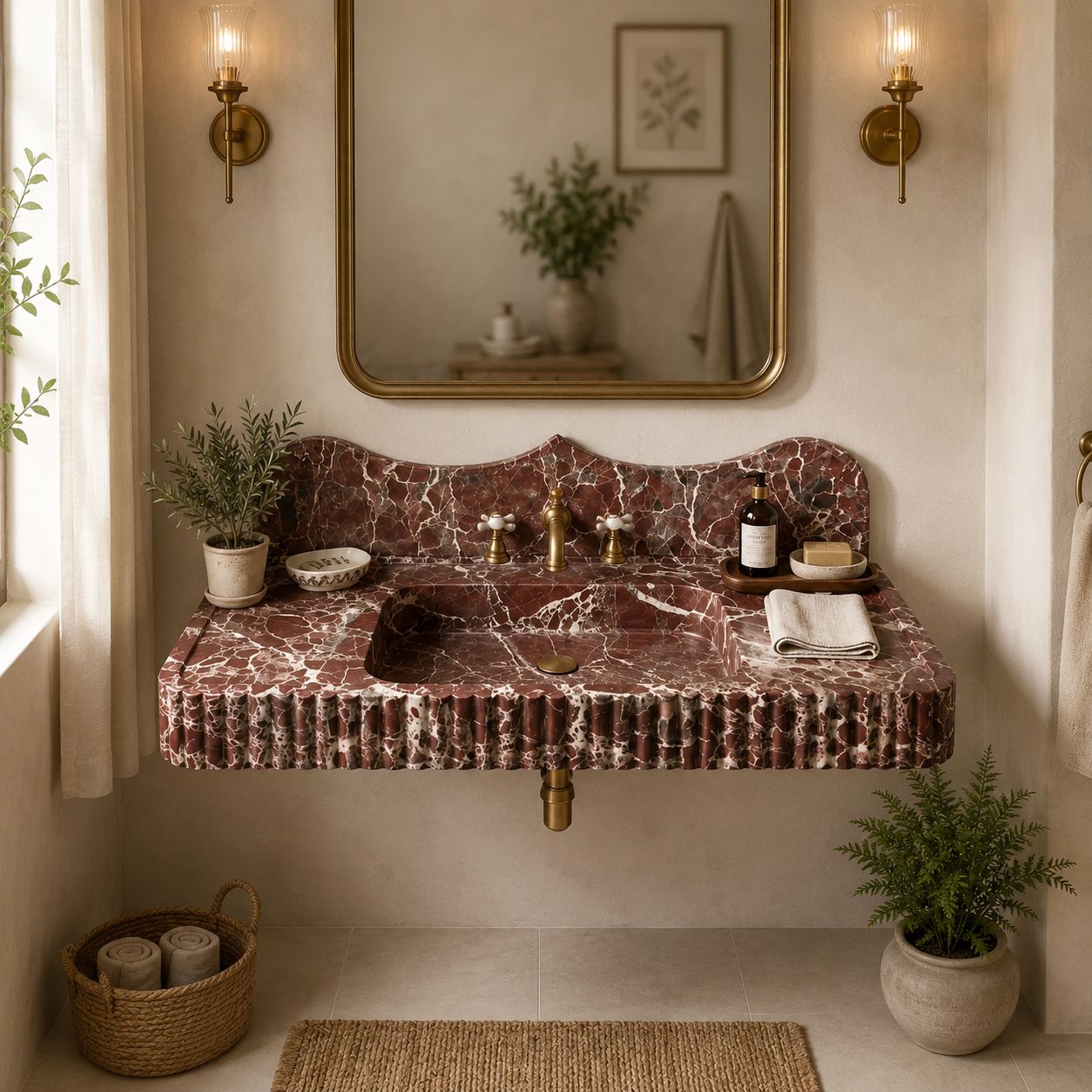 A floating bathroom vanity made of reddish-brown marble with a matching backsplash, set in a warm beige bathroom with brass fixtures, a gold-framed mirror, and potted plants.