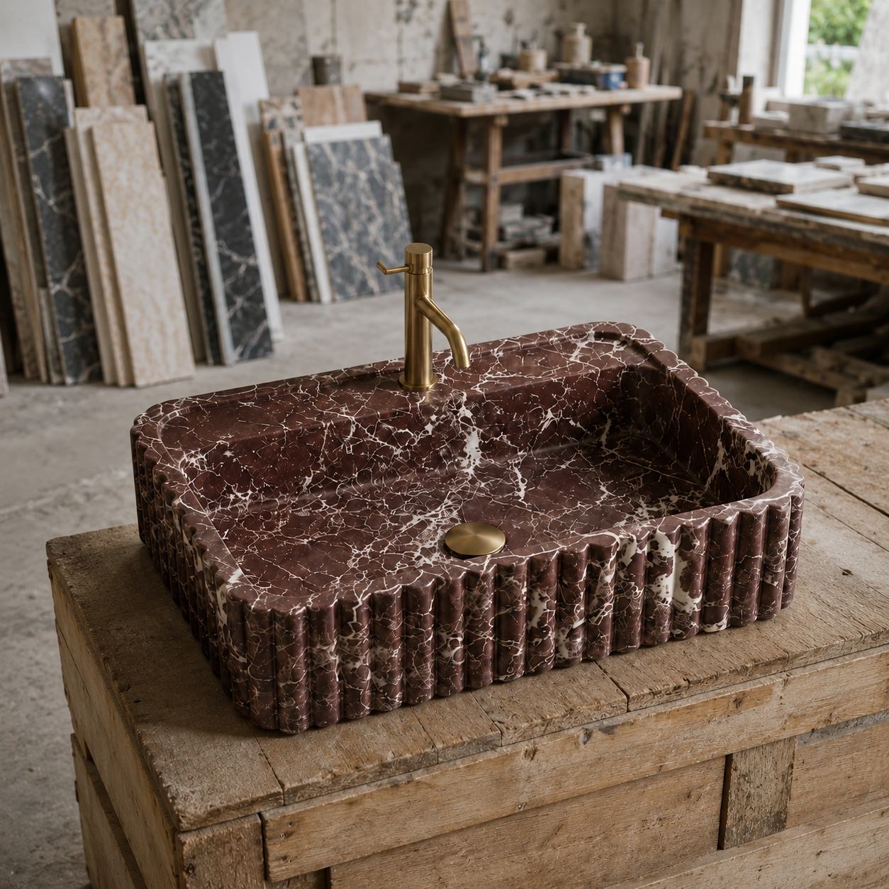 A rectangular dark red marble vessel sink with fluted edges and a brass faucet, displayed on a rustic wooden workbench in a stone and tile workshop.