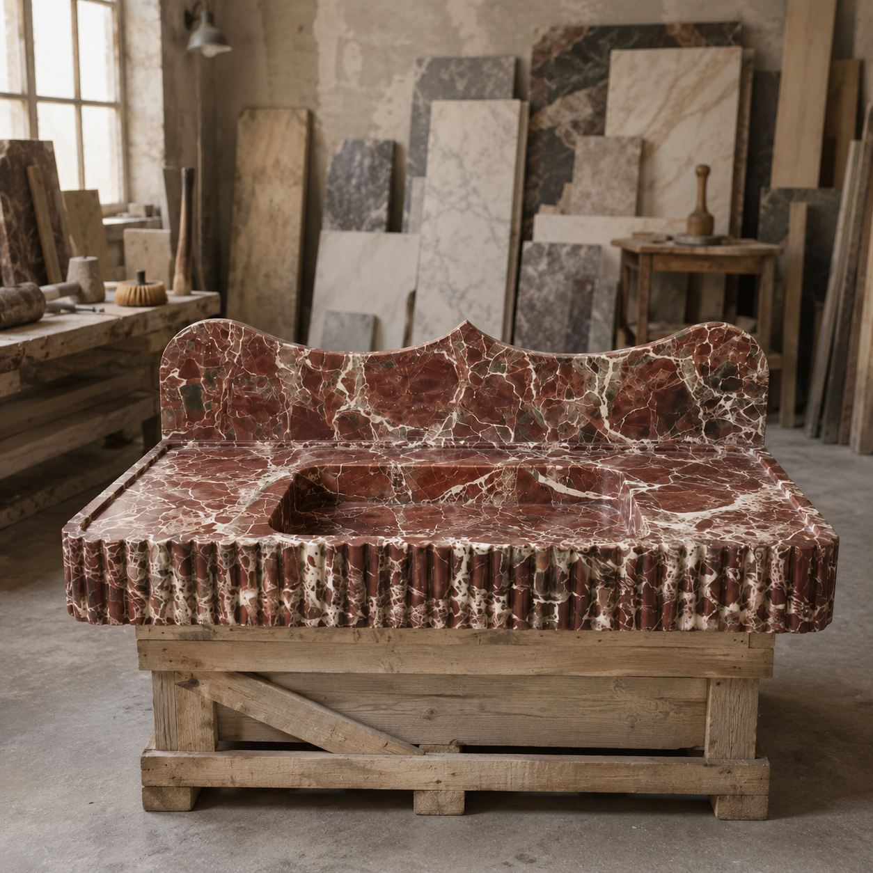 A carved stone bench or daybed made from reddish-brown marble with white veining, displayed on a rustic wooden support frame inside a stone workshop.