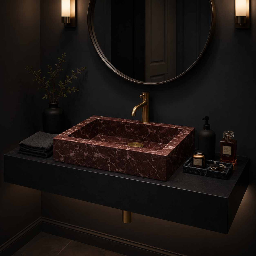 Custom marble sink in modern black bathroom