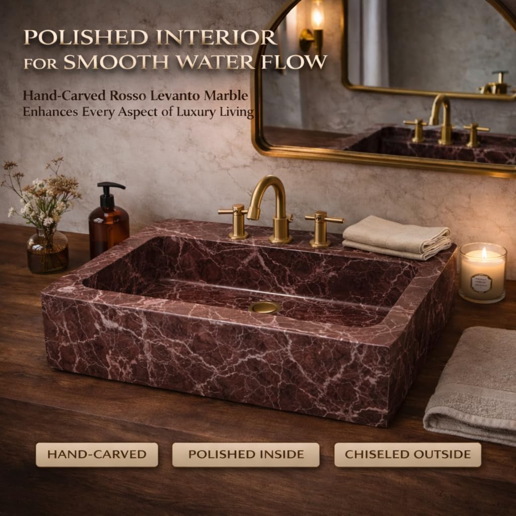 Marble sink with gold faucet in a bathroom setting, featuring text about marble quality.