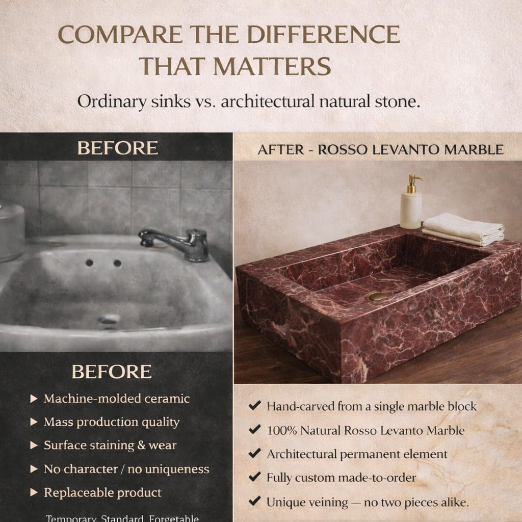 Comparison of ordinary sink vs. architectural natural stone sink with text highlighting differences.
