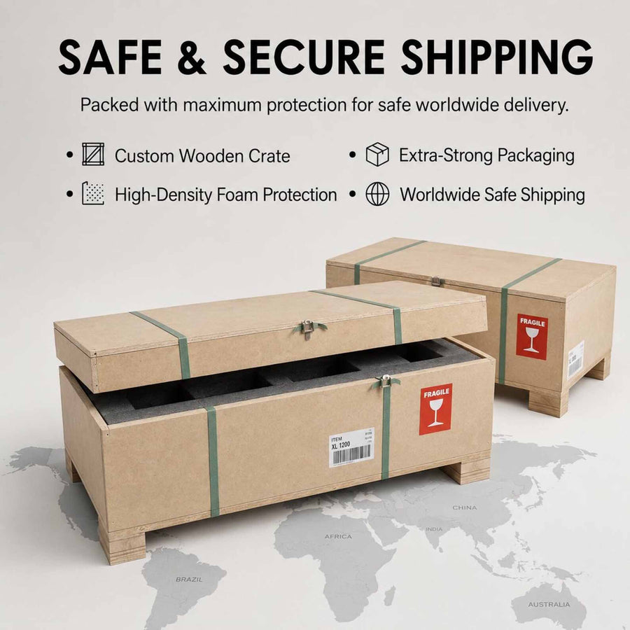 Safe and secure shipping information for custom marble sinks, featuring wooden crate packaging, foam protection, fragile labels, and worldwide delivery.