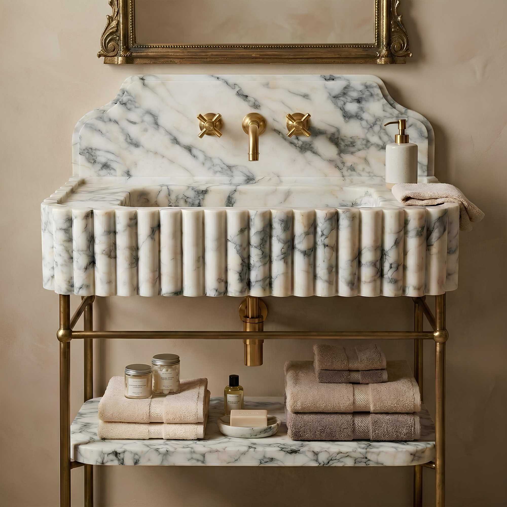 A luxury bathroom vanity featuring a white and gray marble sink with a fluted pedestal base, brass faucet fixtures, and a matching marble shelf on a brass stand. A matching mirror is partially visible at the top, and folded towels and toiletries are arranged on the shelf.