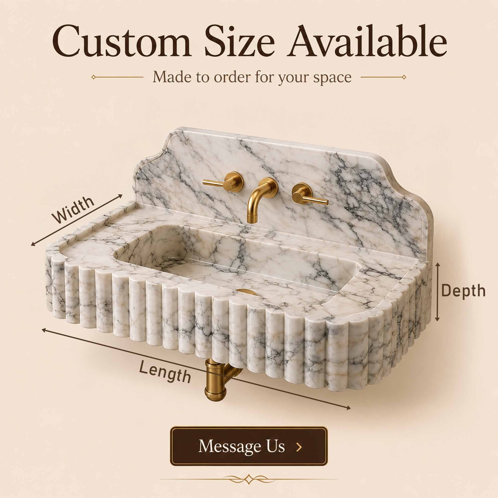 A wall-mounted marble sink with fluted sides and brass faucet hardware on a beige background, with text indicating width, depth, and length and a 'Message Us' button.