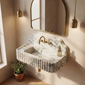 Calacatta Viola Hand-Carved Marble Sink with Backsplash for Bathroom