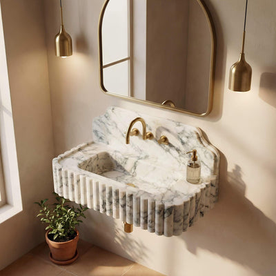 Calacatta Viola Hand-Carved Marble Sink with Backsplash for Bathroom