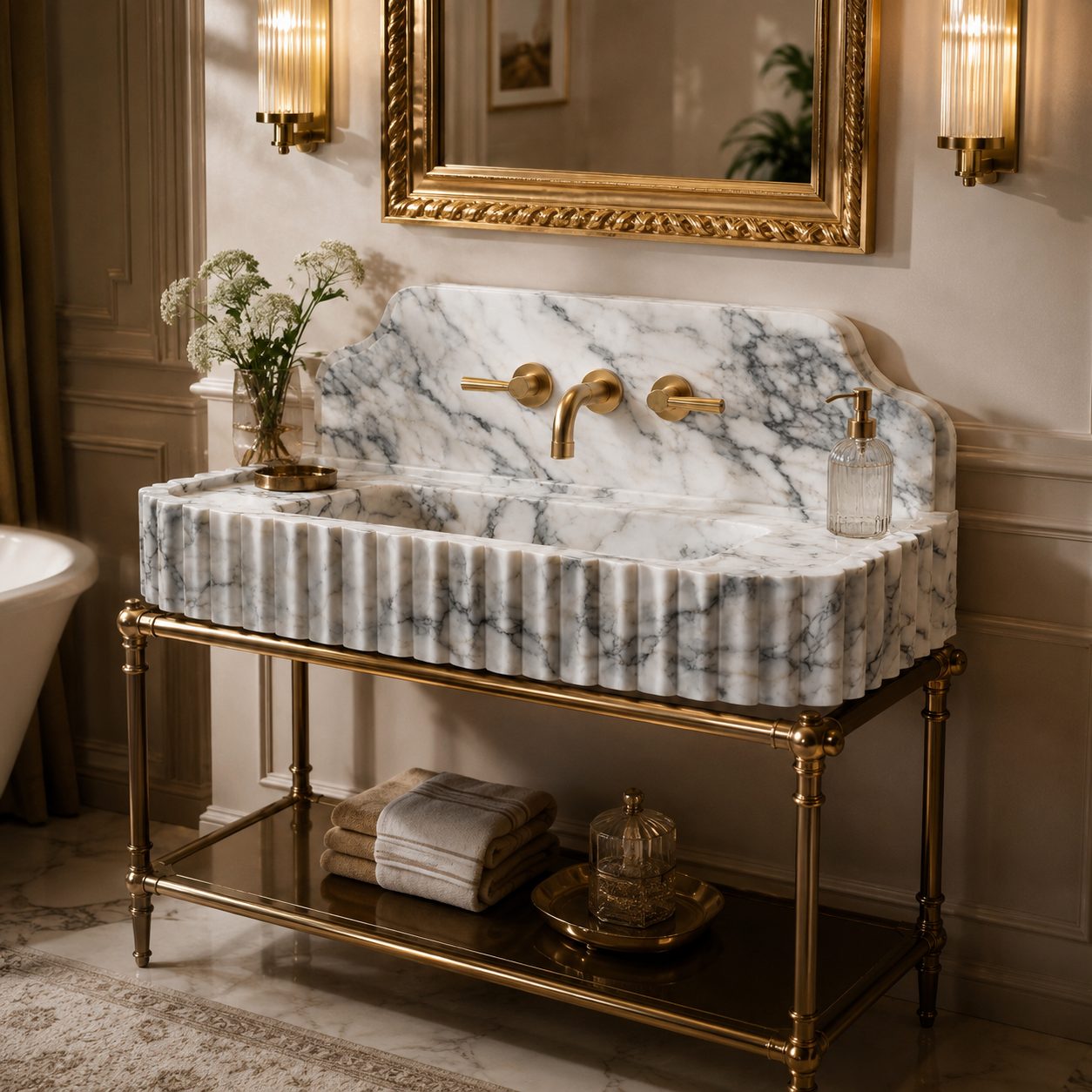 A luxury bathroom vanity featuring a ribbed white and gray marble sink basin on a polished gold metal frame, styled with a gold faucet, gold wall sconces, and a gold mirror in a warm, elegant room.