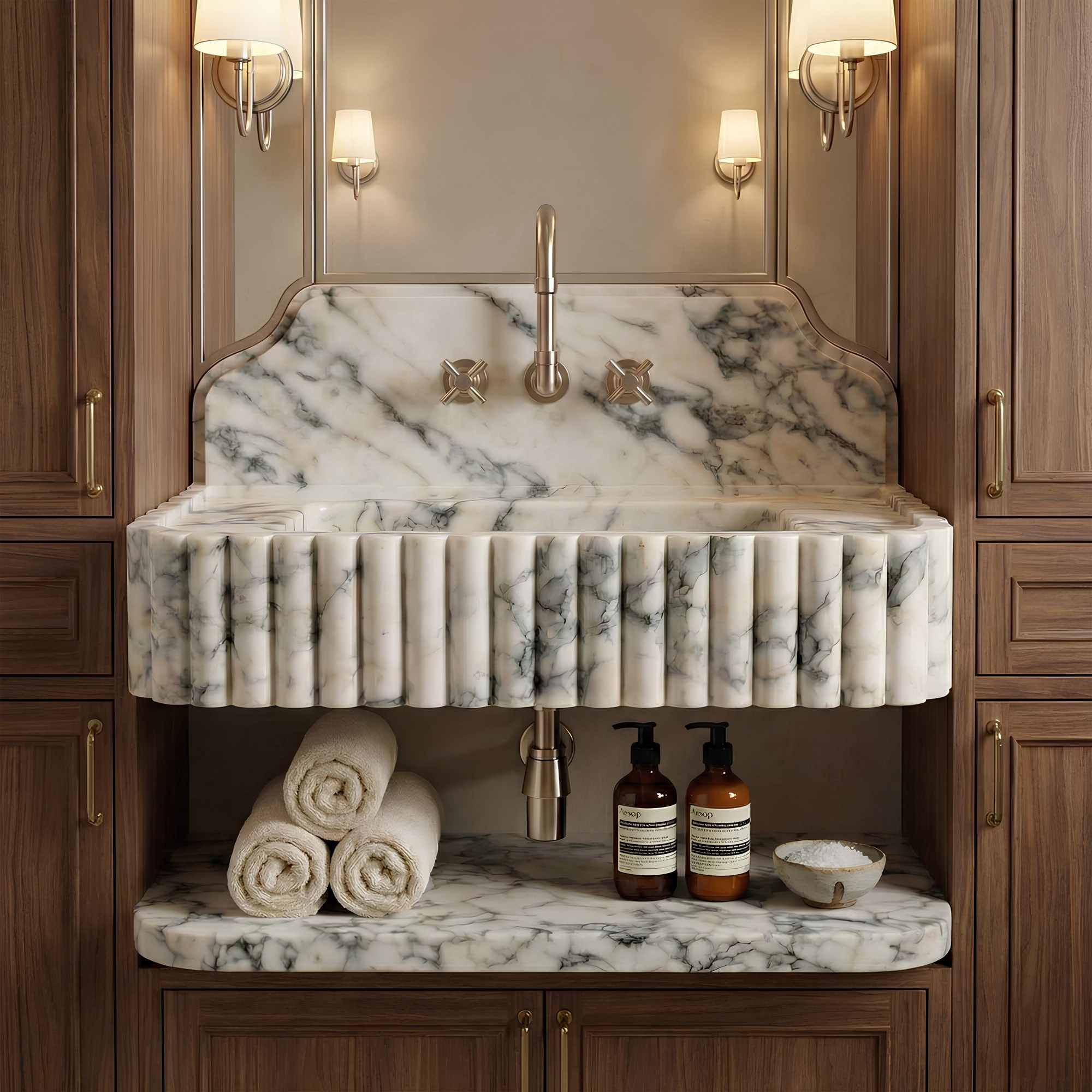 A luxury bathroom vanity featuring a fluted white marble sink basin with gray veining, a matching marble backsplash, and a fluted front apron. The vanity is flanked by dark wood cabinets with brass handles, and the open shelf below holds three rolled white towels, two amber pump bottles, and a small bowl.