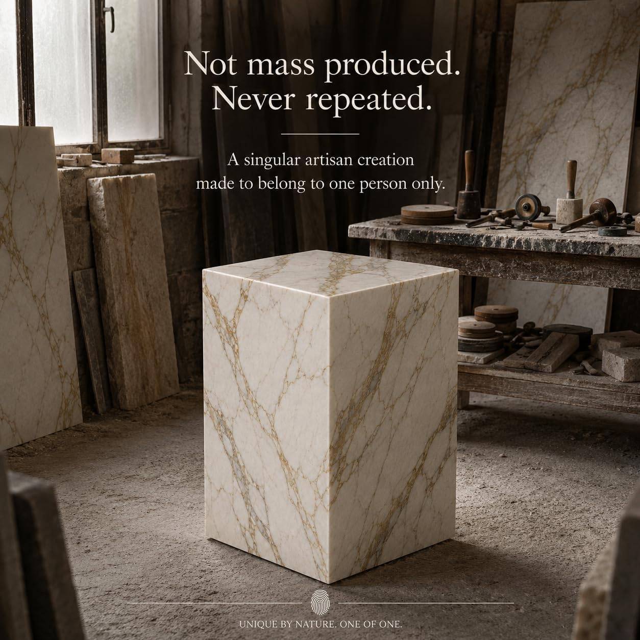 Marble pedestal in a workshop with text about uniqueness