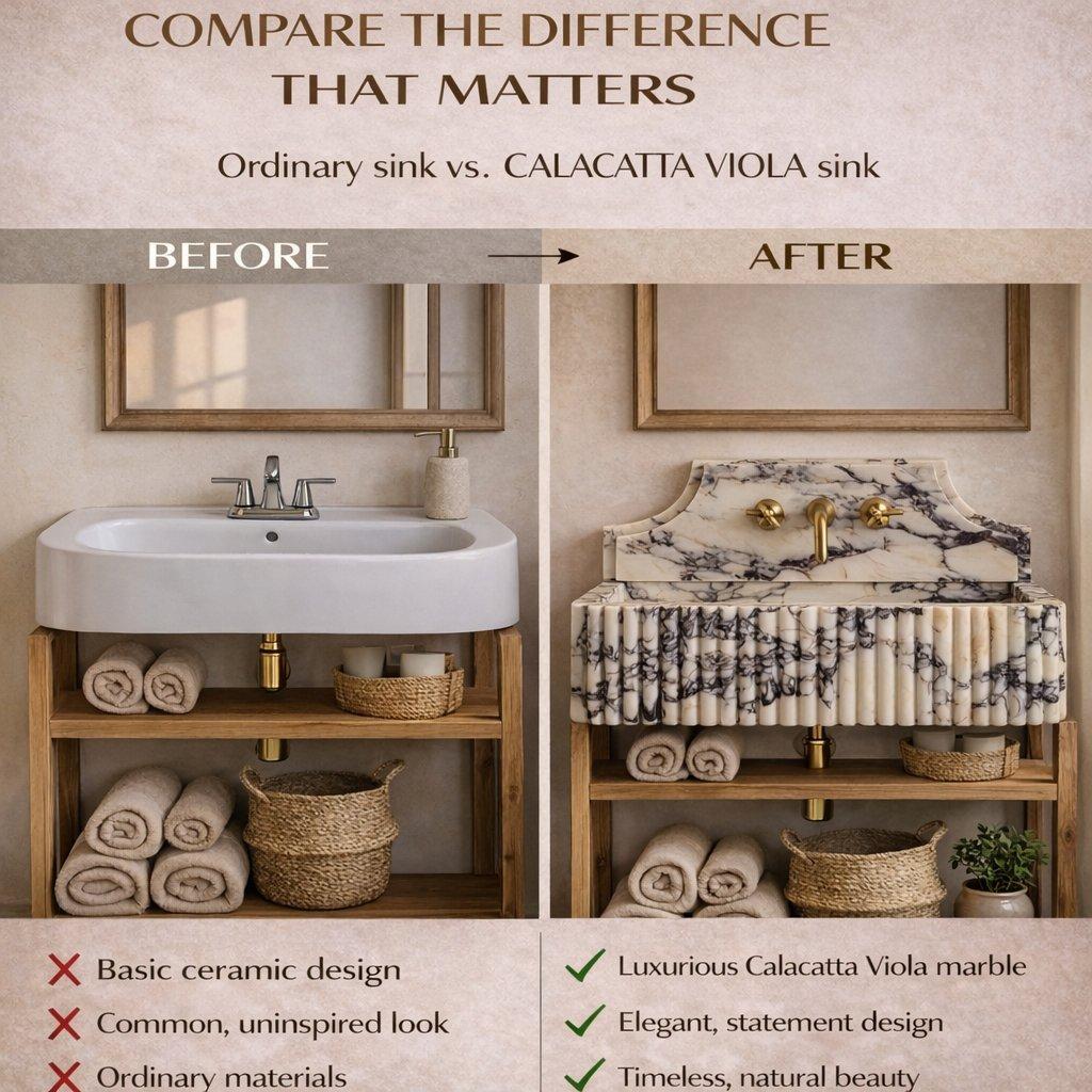 Before and after comparison of a bathroom with an ordinary sink and a Calacatta Viola marble sink.