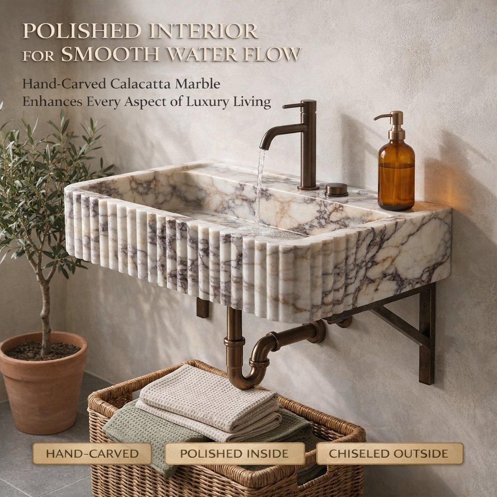 Calacatta viola marble sink with bronze faucet and soap dispenser, potted plant, and basket of towels in a bathroom setting.