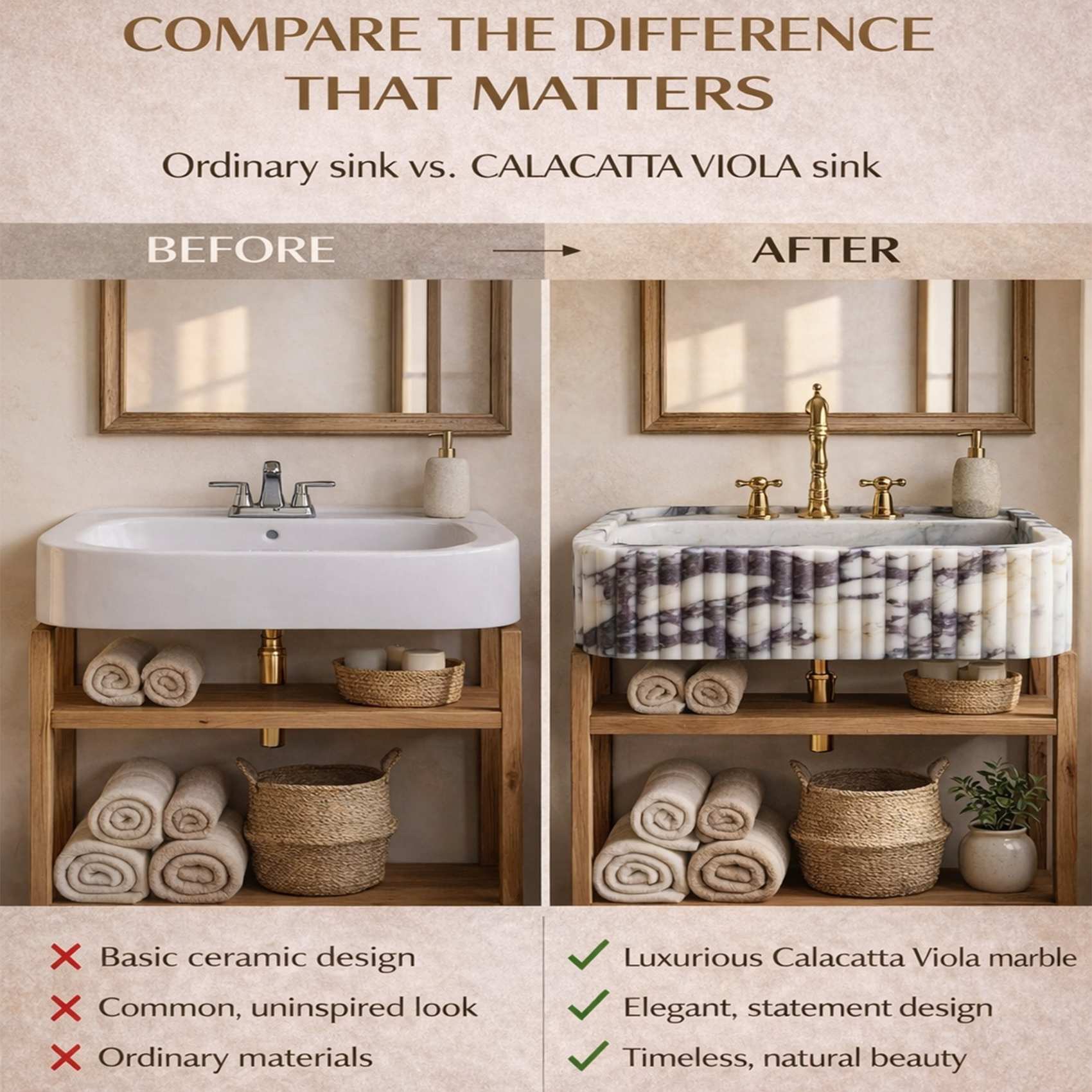 Bathroom vanity with a white sink before and after upgrade to a Calacatta Viola marble sink.