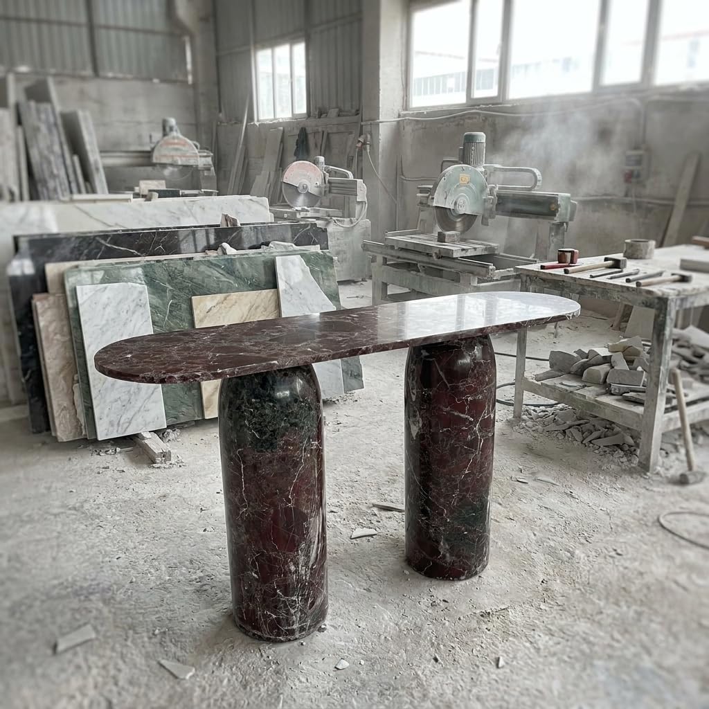 Marble table with cylindrical legs in a workshop setting