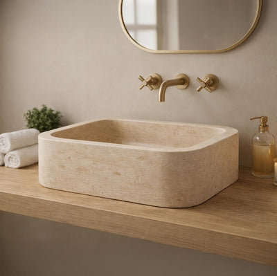 Travertine Hand-Carved Marble Sink, Stone Vessel & Wall-Mount