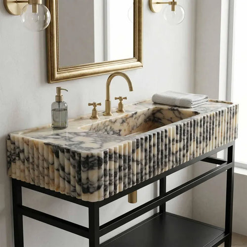 Hand carved calacatta viola marble sink fluted