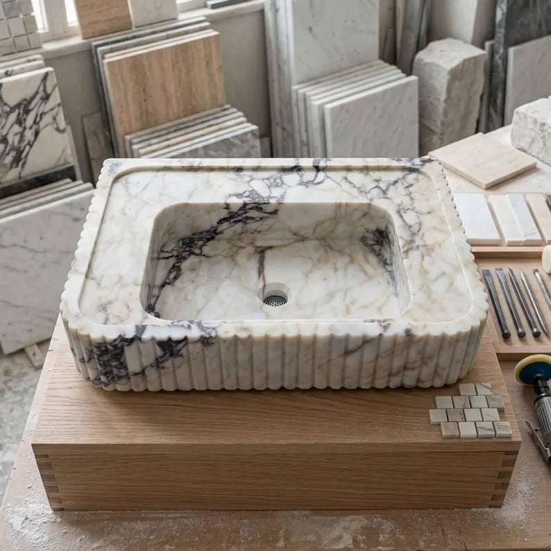Marble sink on a wooden platform with tiles and tools in the background