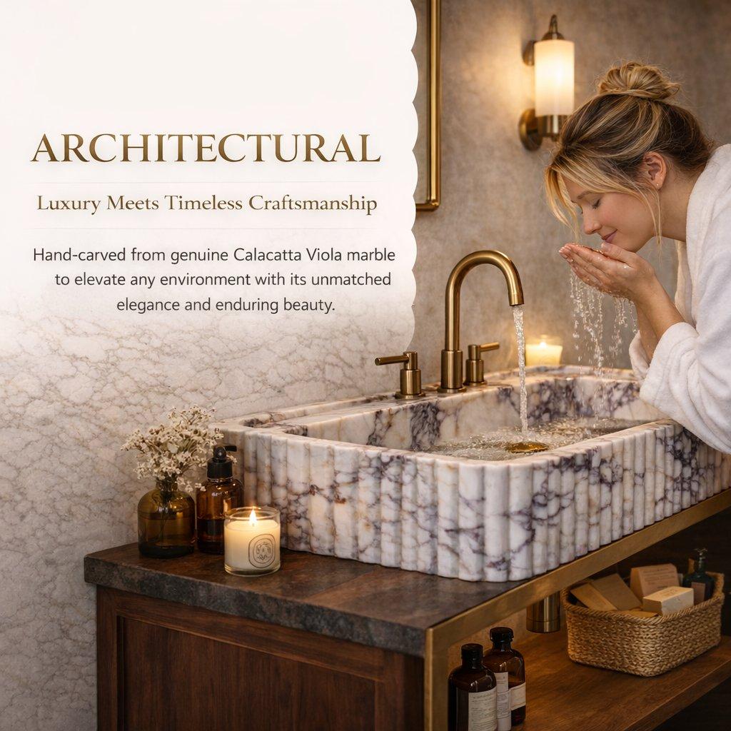 Woman washing hands by a marble sink with candles and bottles on a wooden vanity.