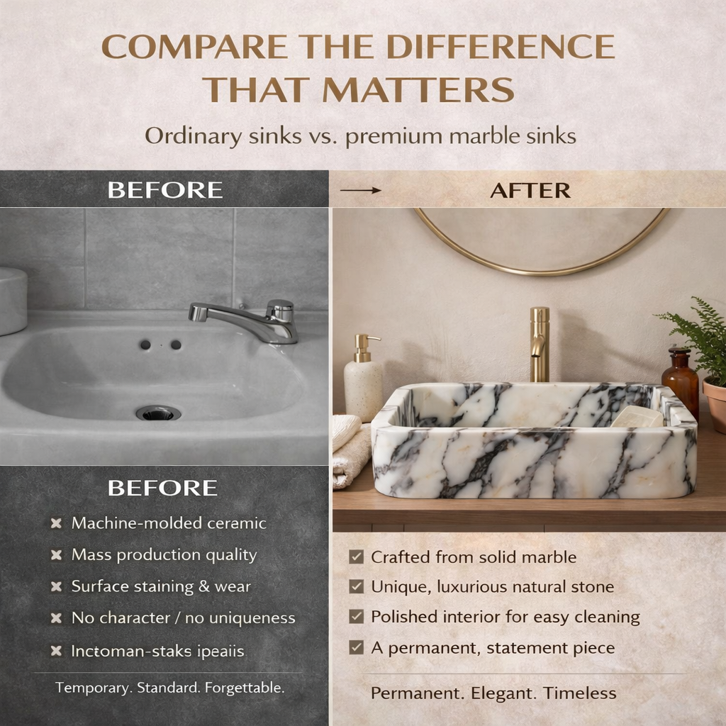 Comparison of ordinary sinks vs. premium marble sinks with text highlighting differences.