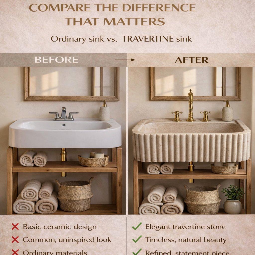 Before and after comparison of a bathroom with a white sink and travertine sink.