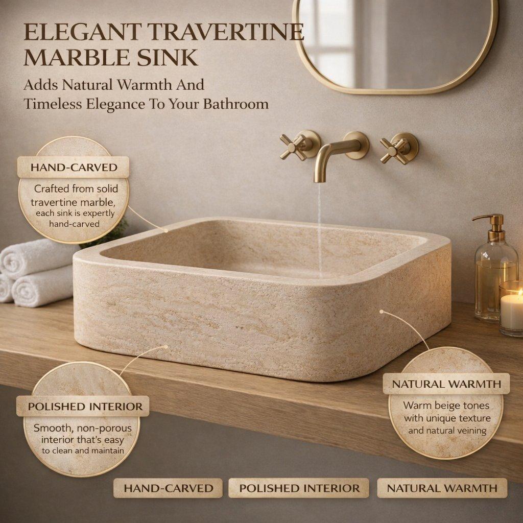 Elegant travertine marble sink with gold faucet and decorative elements in a bathroom setting.