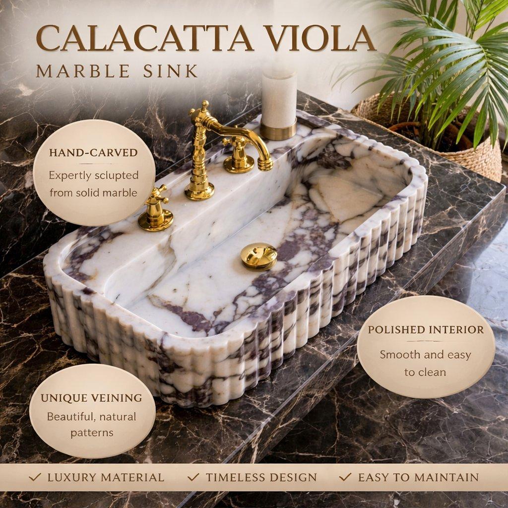 Marble sink with gold fixtures on a dark marble background, featuring text about the Calacatta Viola marble sink.
