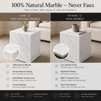 Comparison of 100% natural marble and faux marble tables in a living room setting.