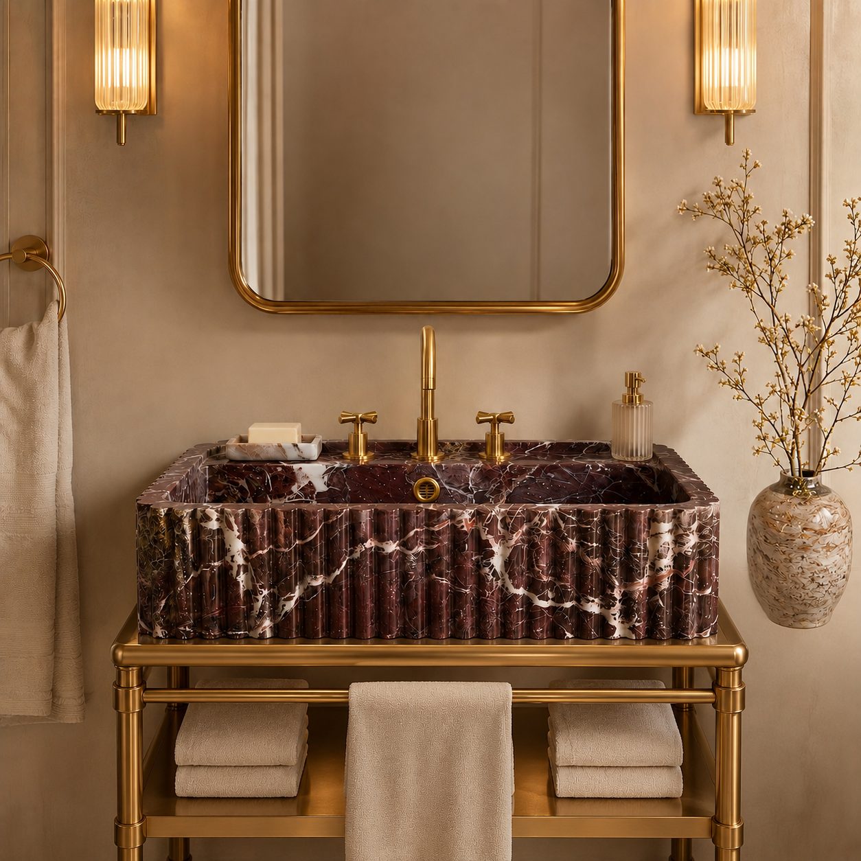 A luxury bathroom vanity setup featuring a rectangular ribbed marble sink in a deep burgundy and gold pattern, mounted on a gold metal console table. The scene is styled with a matching gold-framed mirror, warm wall sconces, beige towels, and a decorative vase with dried branches.