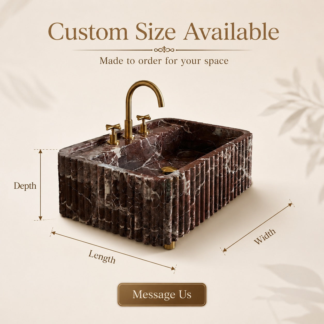 A rectangular freestanding bathroom sink with a curved brass faucet and two handles, shown on a beige background with dimension labels for depth, length, and width. Text at the top reads 'Custom Size Available' and 'Made to ordered for your space,' with a 'Message Us' button at the bottom.