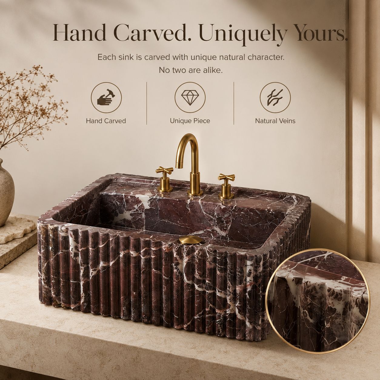 A rectangular vessel sink made of dark reddish-brown marble with white veining, featuring a fluted front edge and a curved gold faucet. The sink is shown on a beige countertop with a matching marble backsplash, a decorative vase with dried branches, and marketing text above with a circular inset showing a close-up of the marble texture.